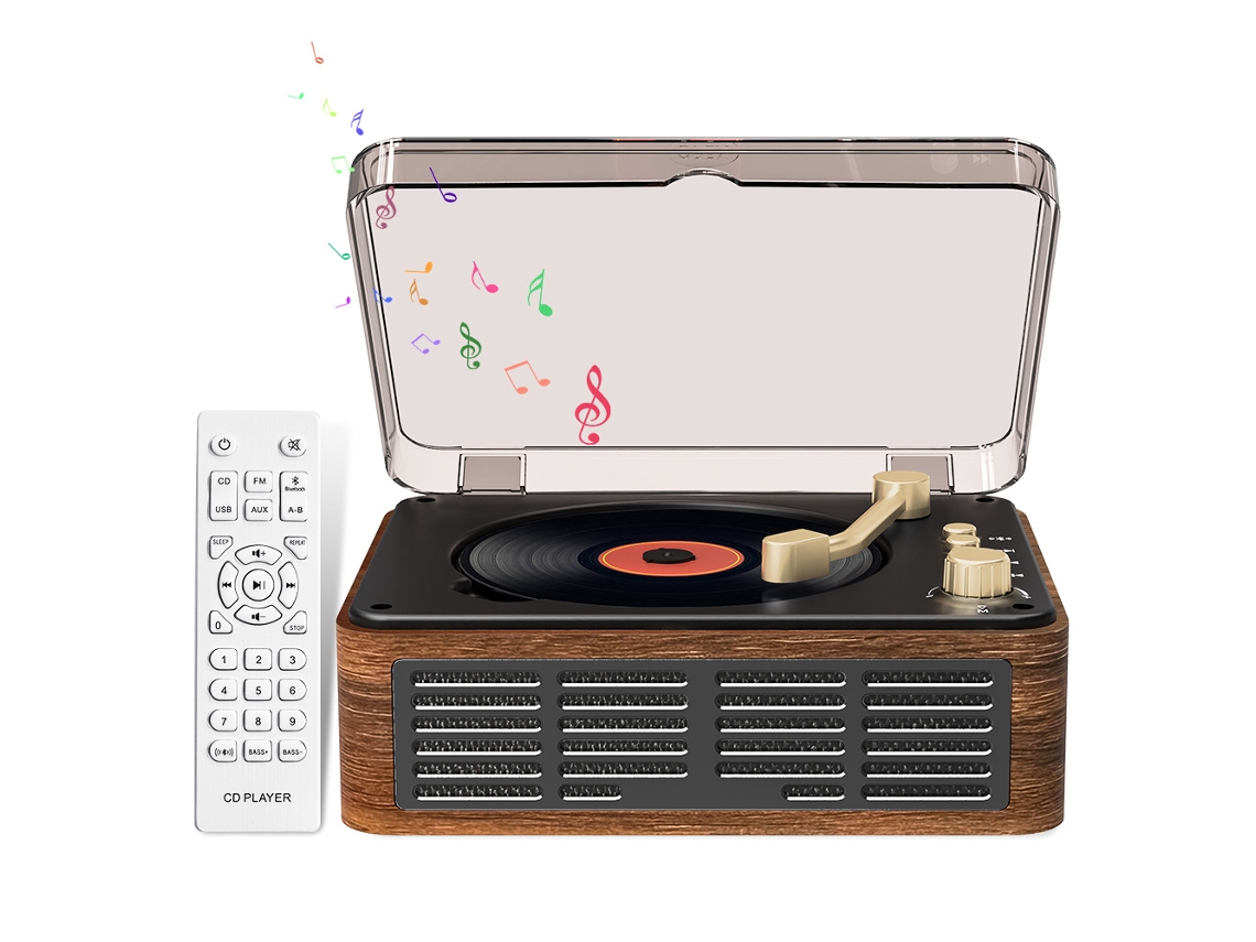 Reproductor de CD retro de madera Siurn con altavoz integrado, radio FM, control remoto/con cable/para toma de corriente doméstica - Marrón