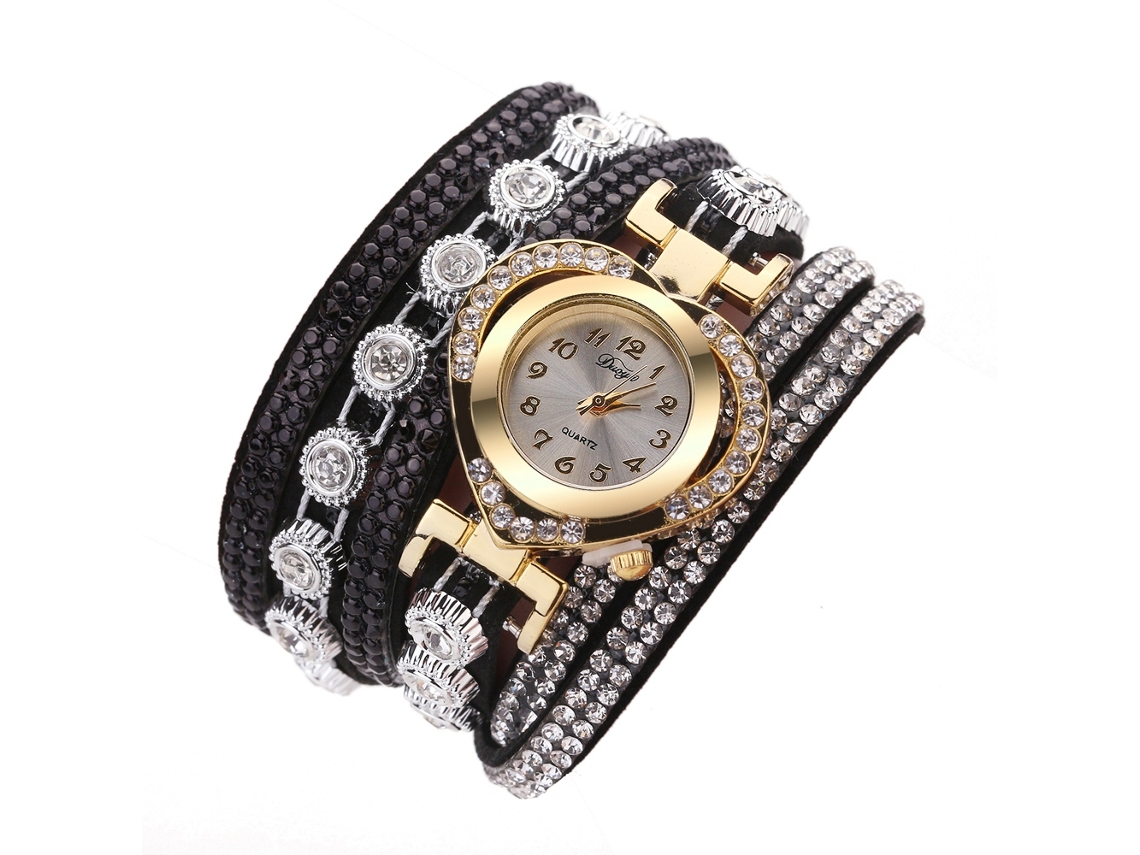 Reloj De Pulsera Retro De Cuarzo Para Mujer Con Diamantes De Imitación En Capas, Diseño De Corazón Negro, Duoya