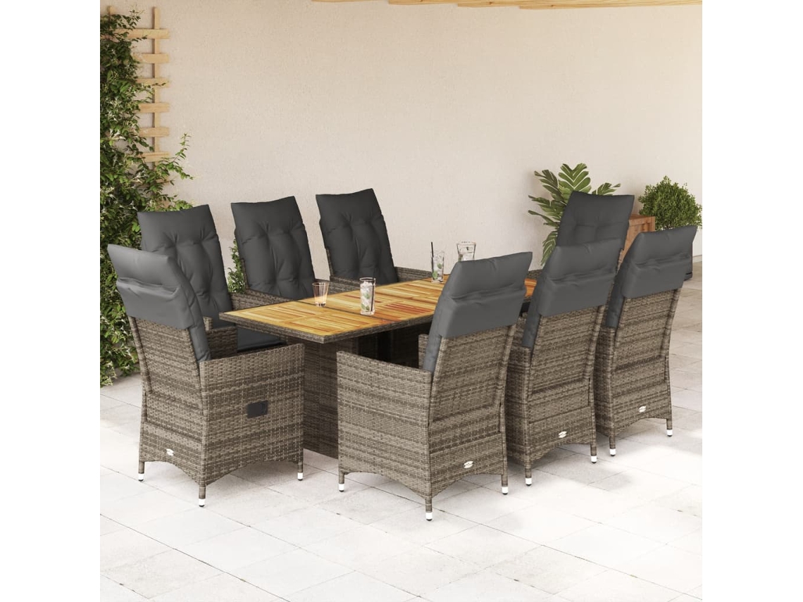 Conjunto de comedor de jardín DKD Home Decor de 9 piezas con cojines, ratán gris