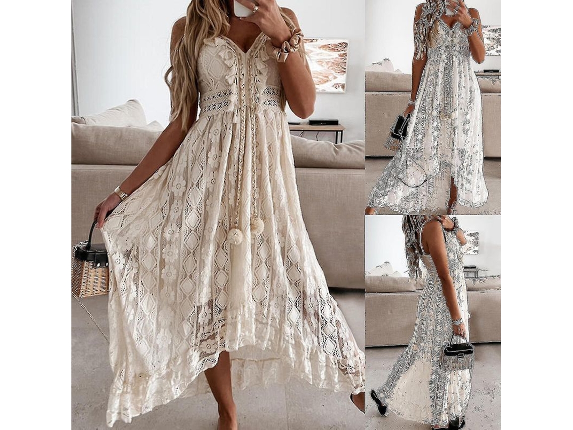 2026-vestido Midi De Encaje Verano Con Tirantes Cuello V Falda Larga Elegante Para Fiesta Mujer