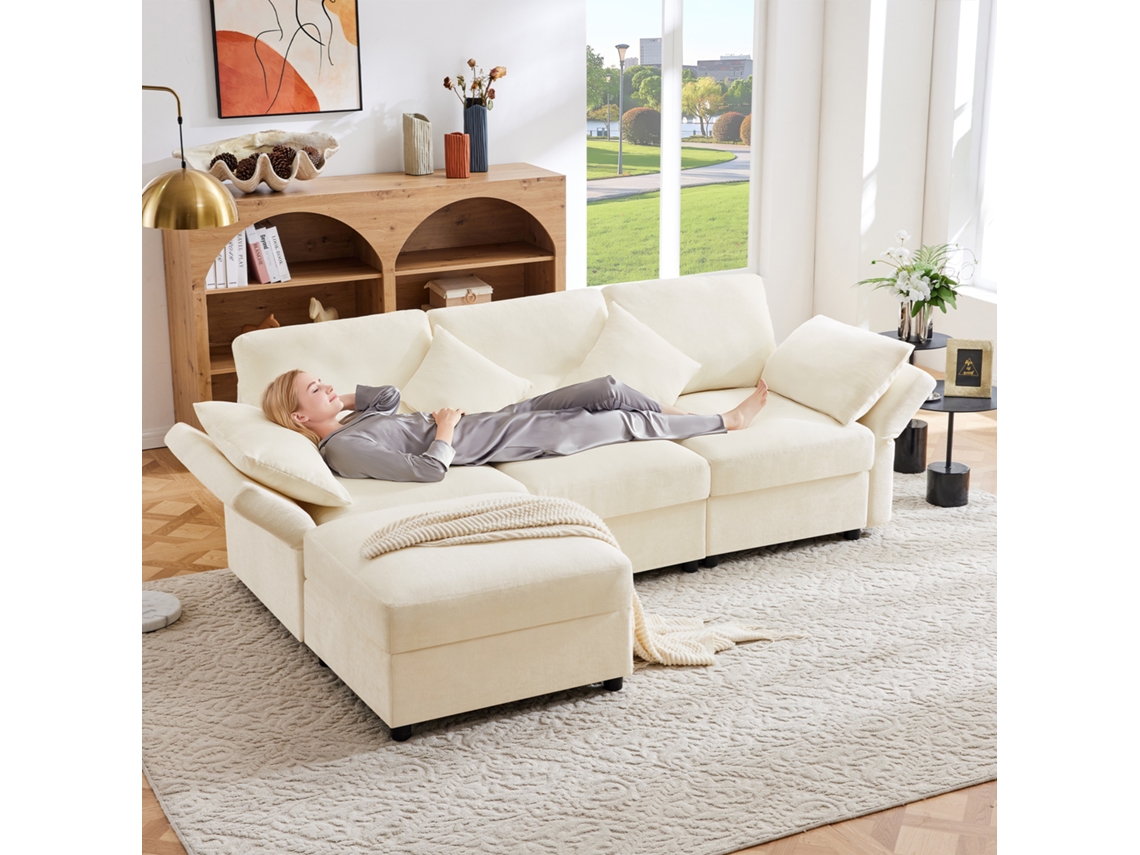 Sofá Esquinero L 4 Plazas - Convertible Con Reposabrazos Ajustables, 4 Cojines, Tejido Chenilla - Beige