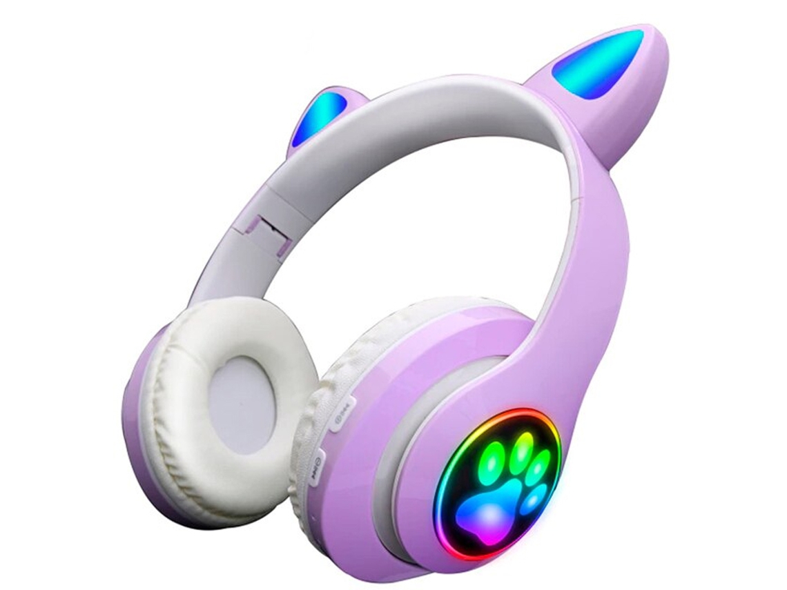Auriculares Bluetooth plegables (morados) con orejas de gato e iluminación RGB