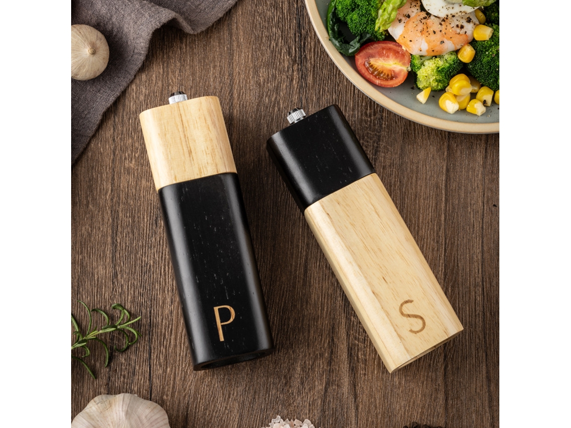 Molinillo de pimienta manual de roble para uso en cocina, con tapa color natural y logo Tommy01. (1 unidad)