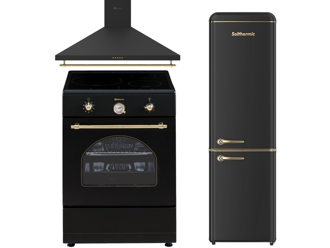 Pack Combo Cocina Solthermic® 60x60 Vti60 Negro Campana Inducción 60 Negro Rustico Frigorífico Combi Retro 1.88 Fcr188n Negro
