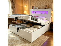 Cama Plataforma 140x200 - Con Almacenamiento, Sistema Hidráulico, Cabecero Led E Integración De Enchufes - Blanco
