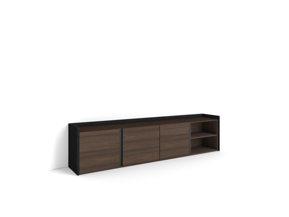 Mueble para TV, 207x35x50cm, para televisores de hasta 80'', color roble oscuro y negro.