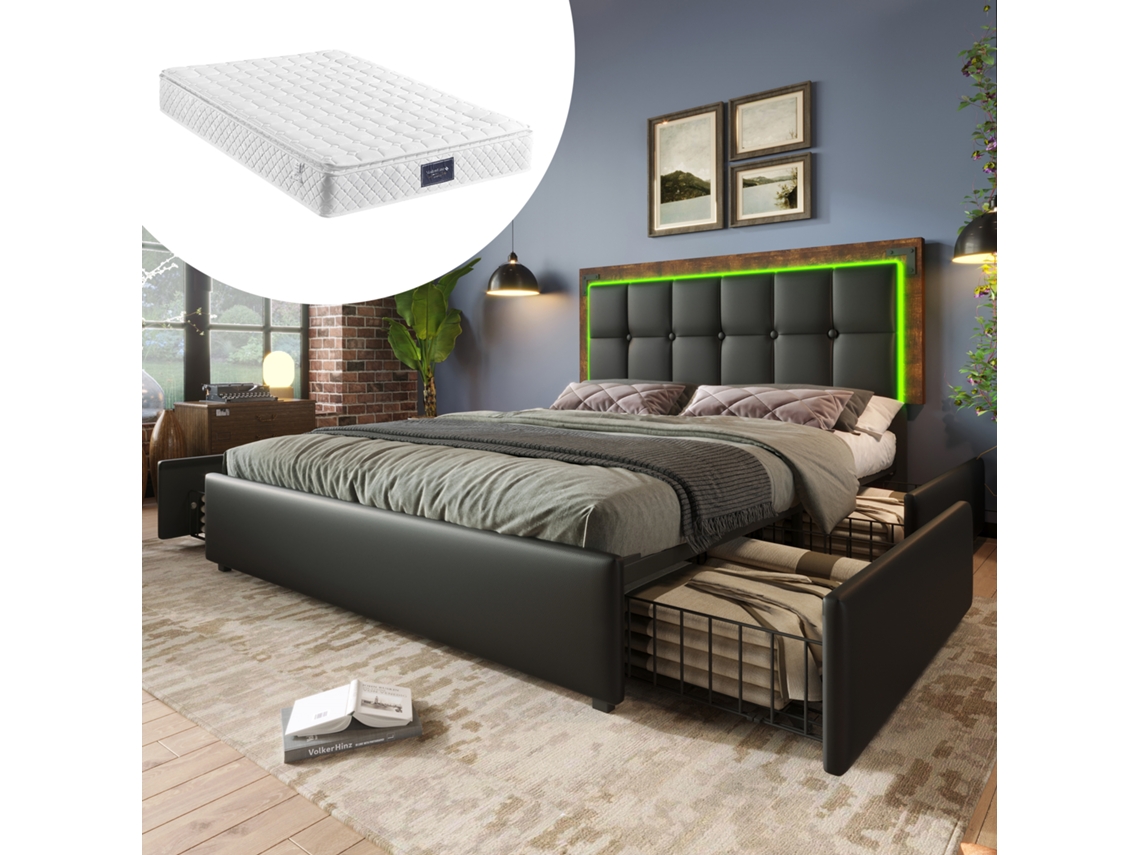 Cama Doble De 140x200 Cm Con Iluminación Led, 4 Cajones, Cabecero Ajustable, Somier De Láminas, Piel Sintética Negra, Con Colchón.