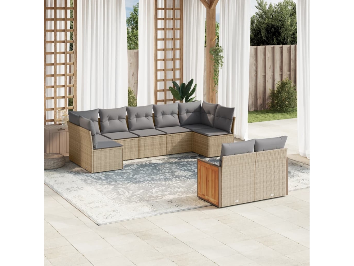 Conjunto de sofá de jardín de 9 piezas con cojines, mimbre sintético beige, Dkd Home Decor