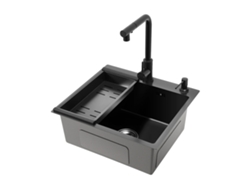 Fregadero de cocina de acero inoxidable de un solo seno con grifo retráctil, color negro OEM