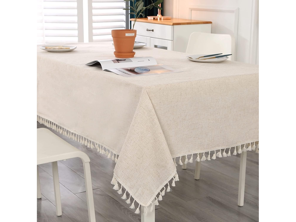 HYMNORA Manteles de lino y algodón lavables, con borlas y elegantes flecos para la mesa del comedor y la decoración del hogar, de tela resistente, antiarrugas