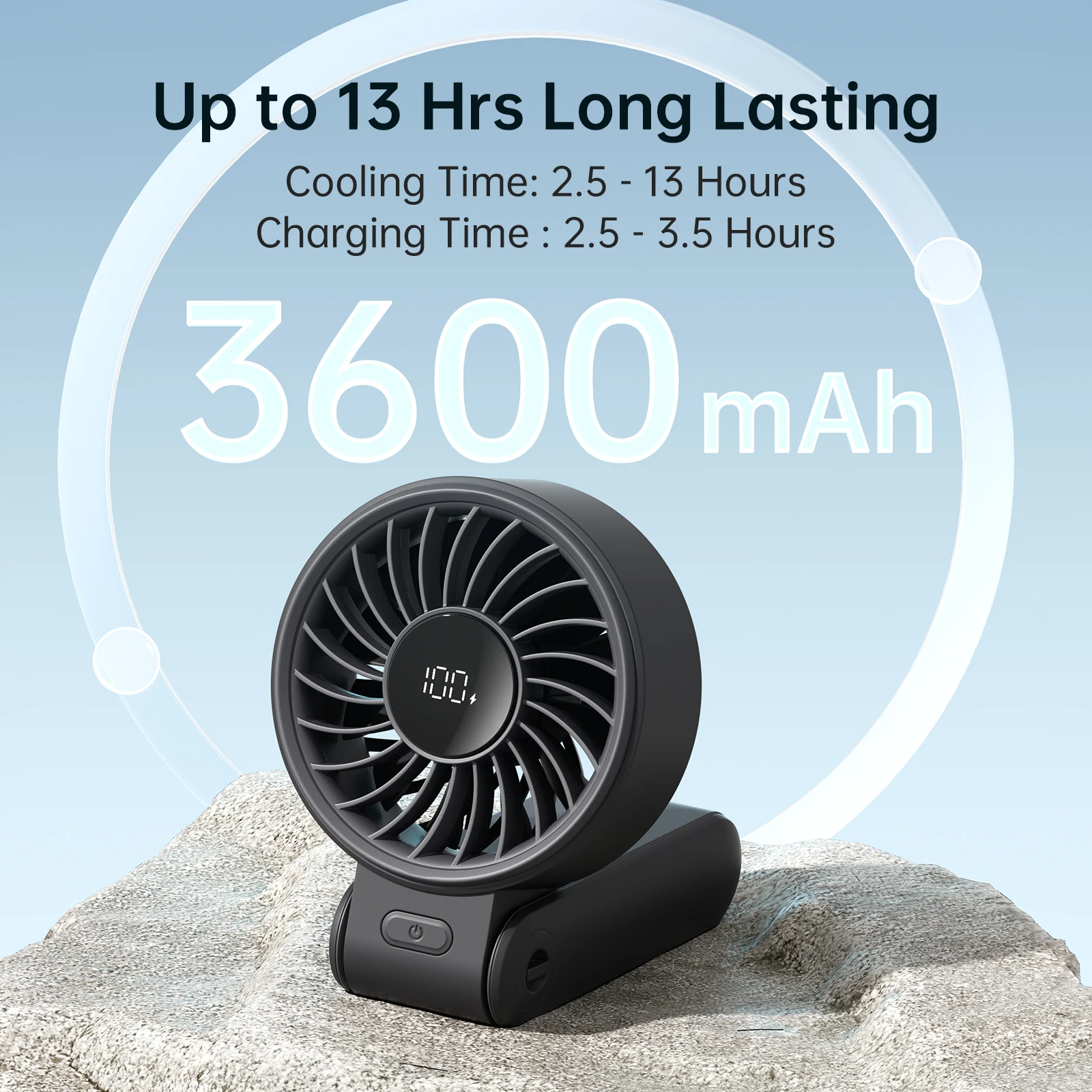 Ventilador Portátil De Mano (3600 Mah, Negro) Con Pantalla Led, 5 Velocidades De Viento Y Capacidad De Plegado De 150°.