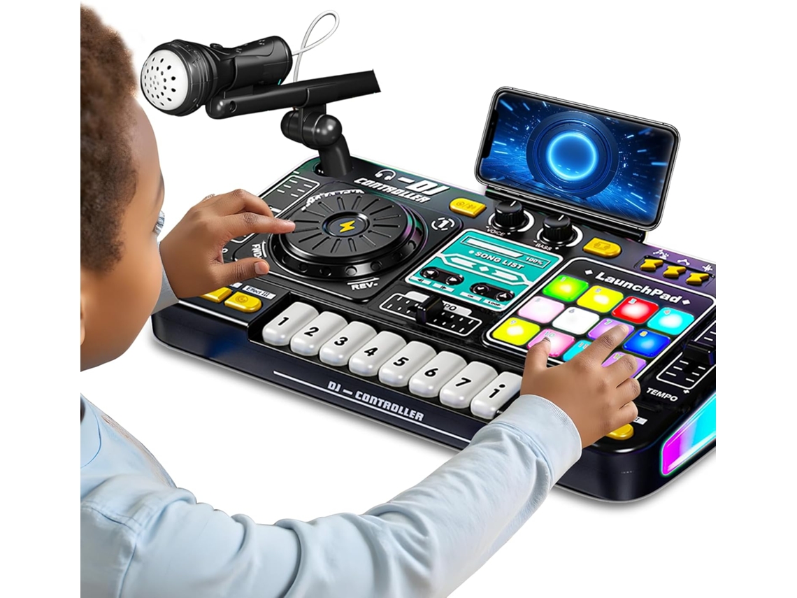 Mesa de DJ infantil con mezclador, juguete musical Bluetooth con micrófono, piano y mesa de DJ Eifson (negra)
