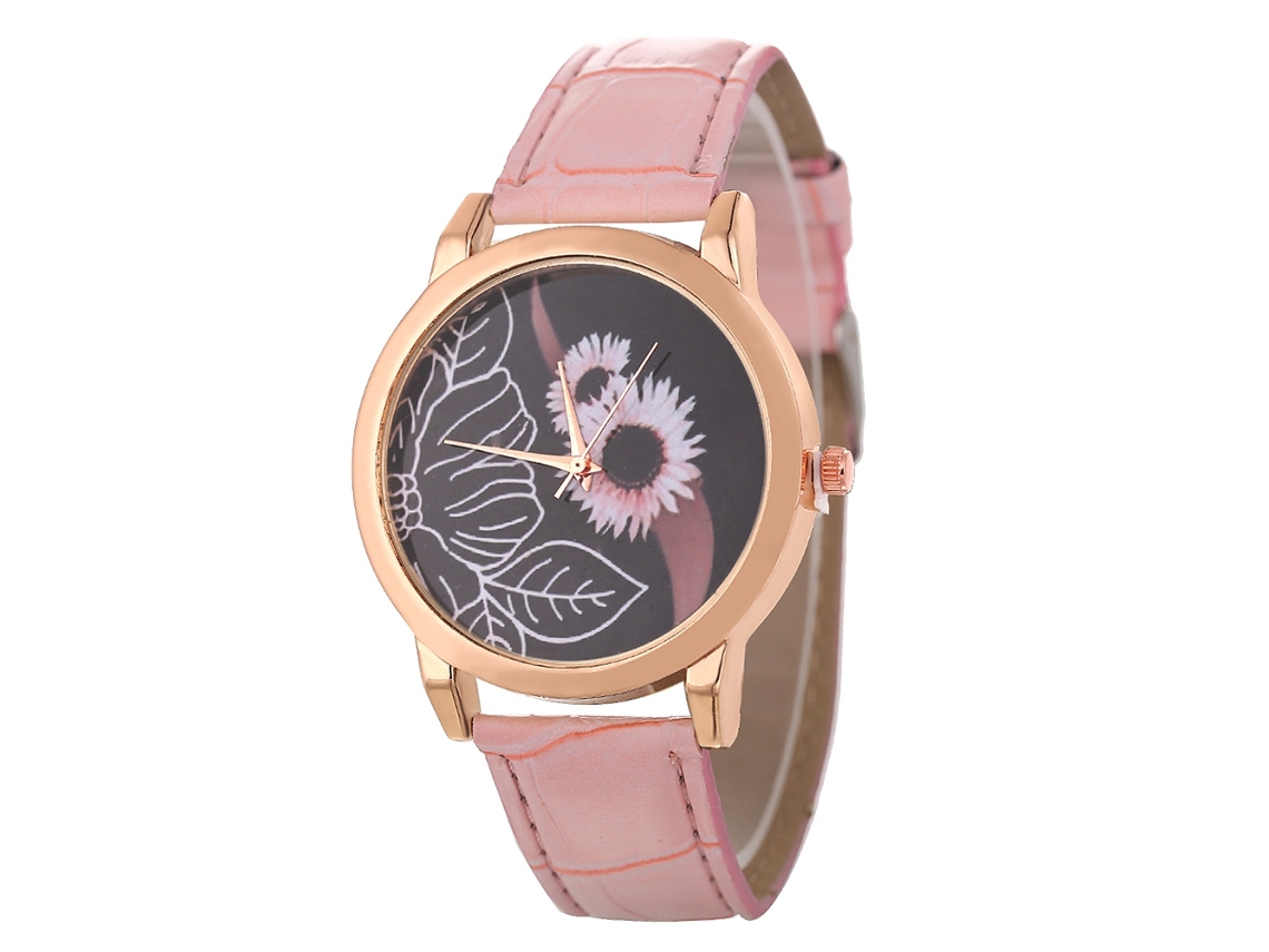 Reloj De Pulsera Unisex De Cuarzo Zhoulianfa, Piel Sintética, Estampado Floral Rosa.