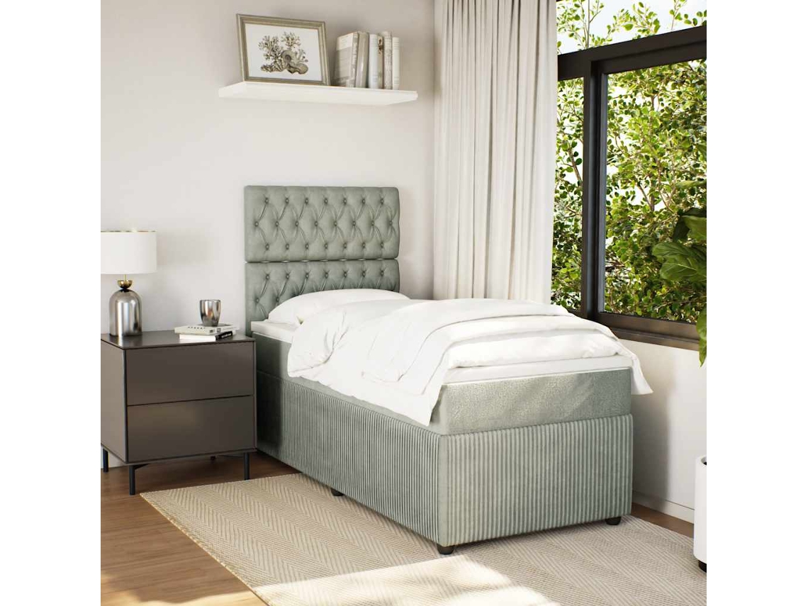 Cama Box Spring Con Colchón Terciopelo Gris Claro 90x190 Cm
