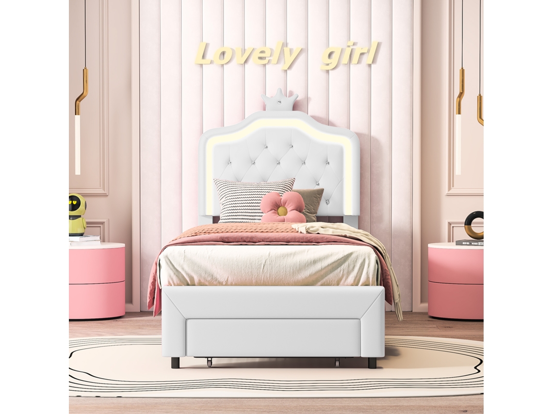 Cama De Princesa Blanca Con Corona Y Luz Led, 90x200cm, Cama Infantil Con Cajón De Almacenamiento Y Estructura En Pu