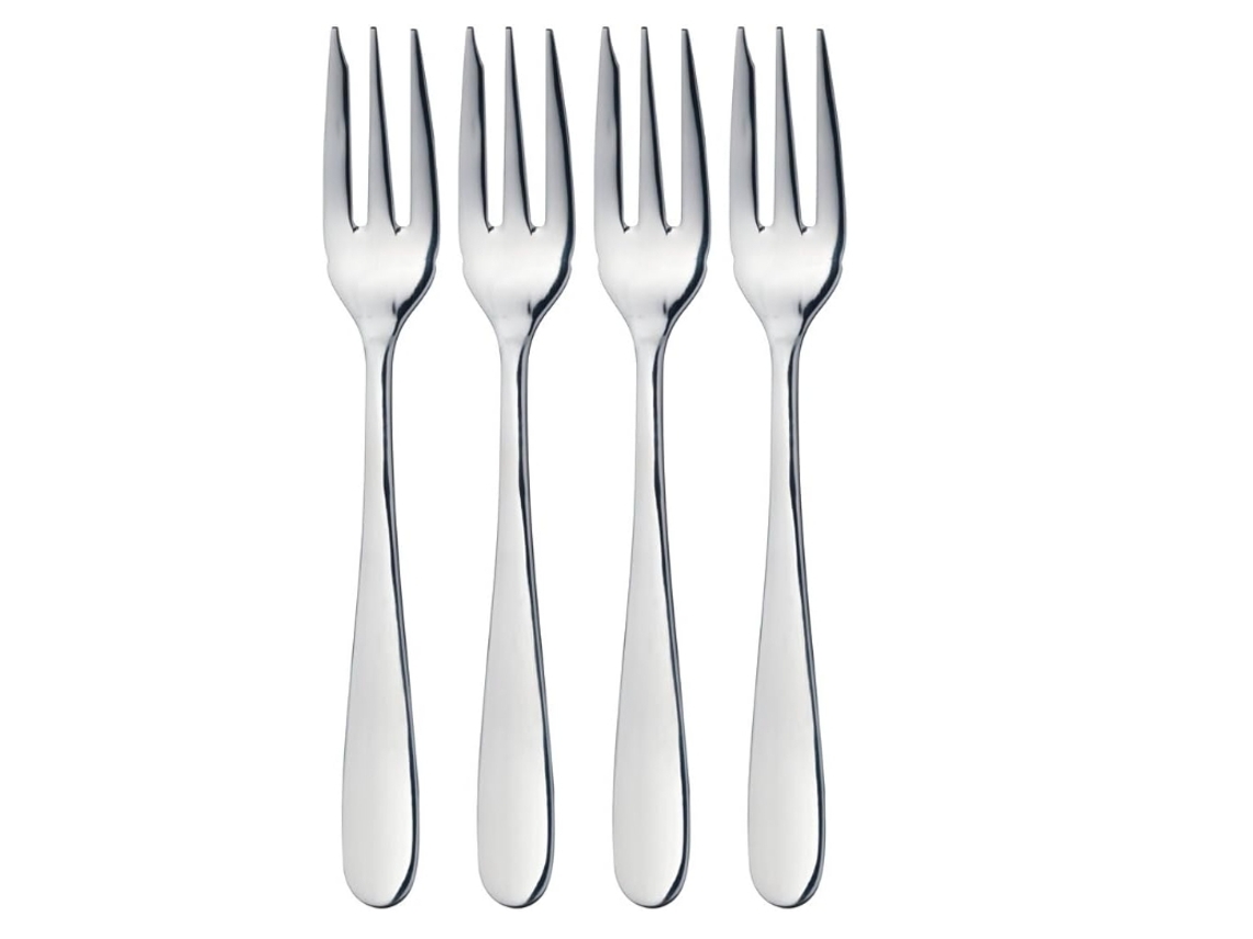 Tenedores de mesa elegantes, diseño clásico, acabado cromado satinado, perfectos para restaurantes o uso doméstico.
