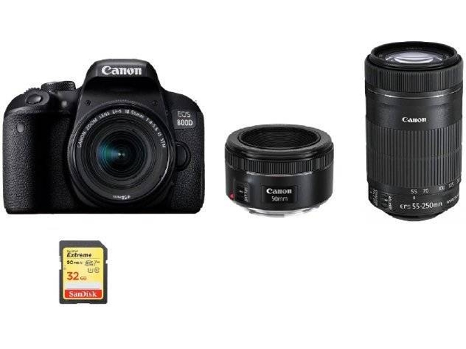Kit Cámara Réflex CANON EOS 800D EF-S 18-55mm + EF-S 55-250mm + EF 50mm F1.8 STM + SD 32GB