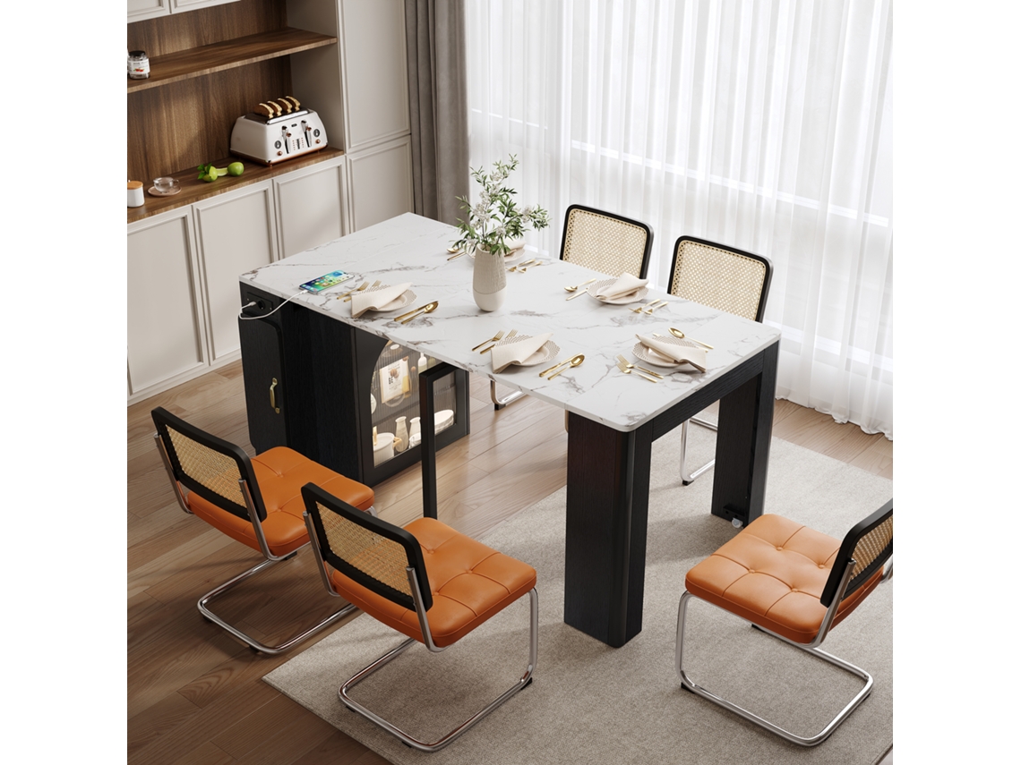 Isla De Cocina Con Ruedas, Mesa De Comedor Extensible Con Tapa Removible - Carro Móvil Con Enchufes - Blanco Y Negro