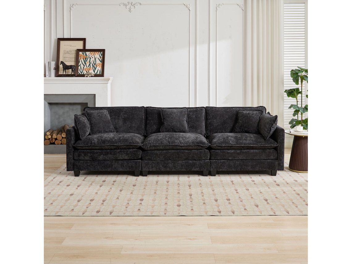 Sofá Modular De 3 Plazas Estilo Nube En Felpa Transpirable, Asiento De Doble Cojín Mullido, Salón Dormitorio, Negro