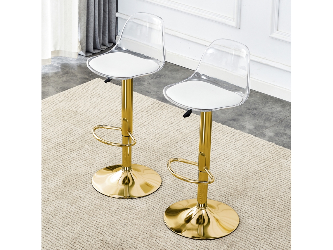 Bancos De Bar 2 Unidades - Altura Ajustável 82-104 Cm, Encosto Transparente, Giratório 360° - Dourado/transparente