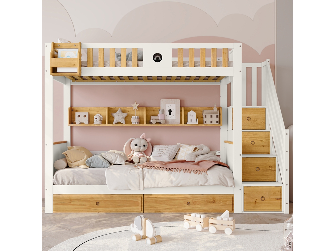 Litera con Escalera 90x200 cm 4 Compartimentos en la Escalera y 2 Cajones Bajo la Cama Blanco Mobrio