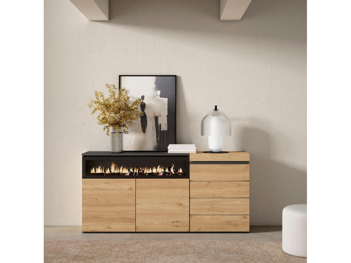 Aparador, 157x75x35 cm, Dormitorio, habitación, Chimenea eléctrica, Cómoda, Cajonera, Roble SKRAUT HOME