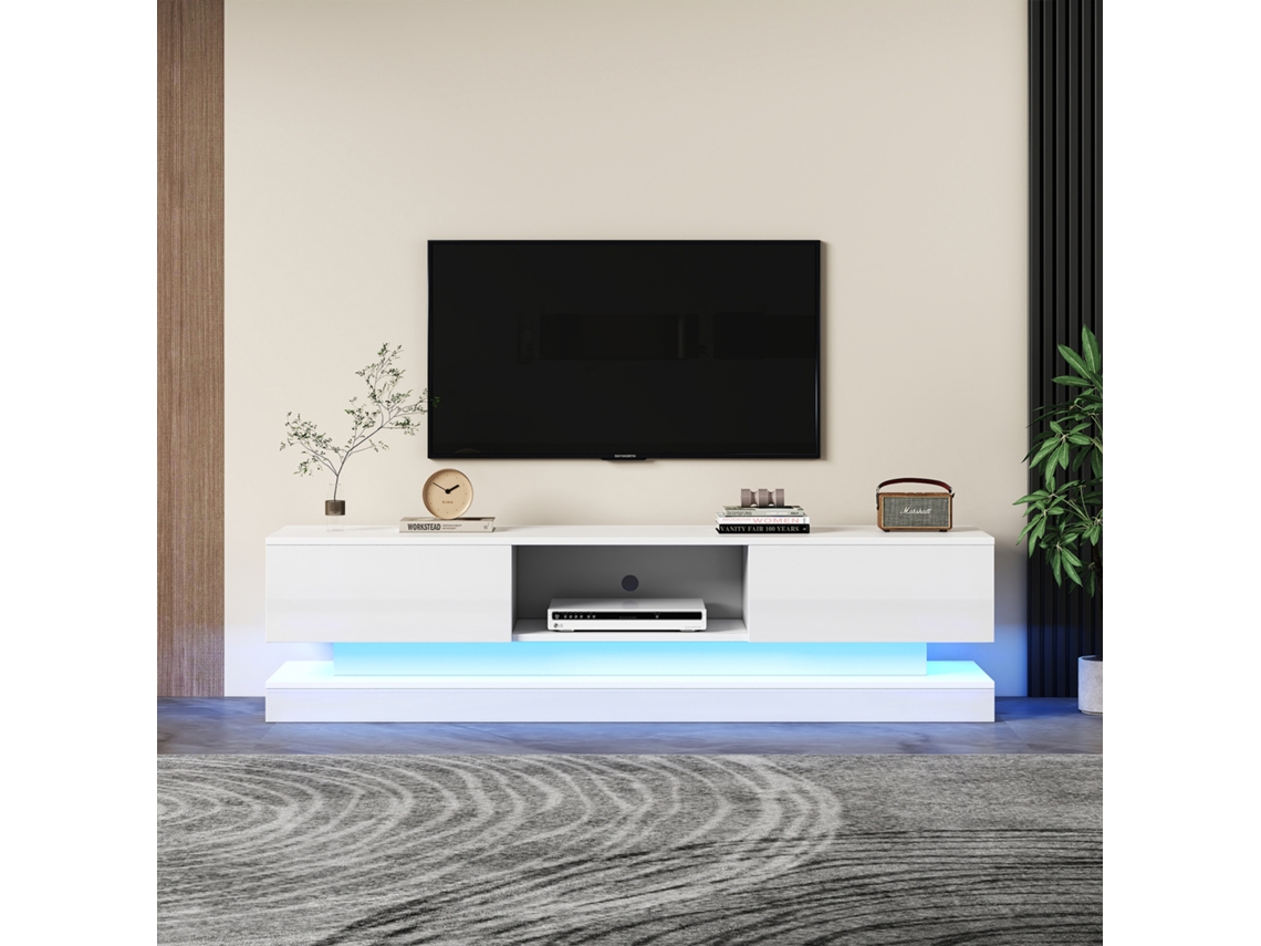 Mueble de TV LED de 160 cm con 2 cajones y 1 compartimento abierto, apto para TV de 60" en color blanco.
