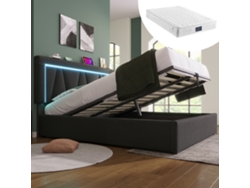 Cama Led De 140x200 Cm, Ropa De Cama, Usb-c, Cabecero, Almacenamiento, Colchón Incluido.