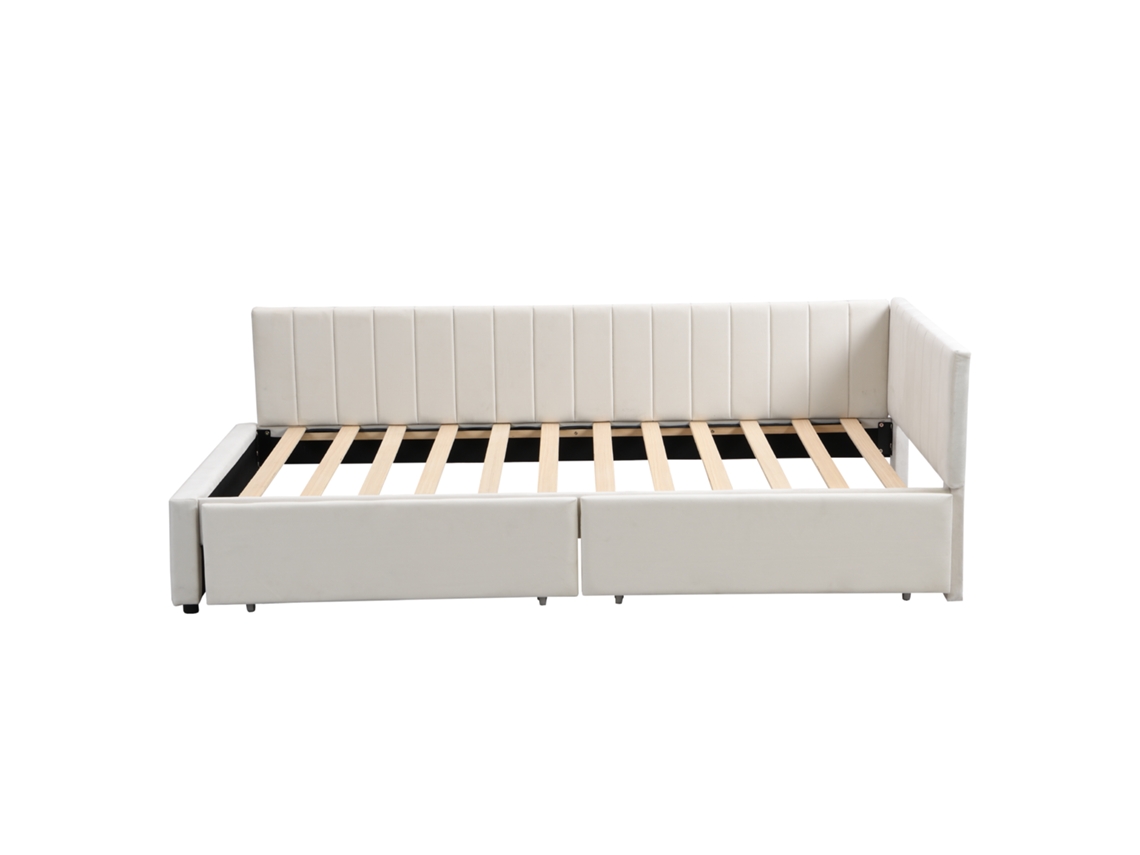 Sofá Cama Tapizado En Terciopelo De 90 X 200 Cm, Con 2 Cajones Grandes Y Base De Láminas, Color Blanco.