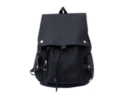 Mochila escolar versátil de piel sintética, resistente al agua, con solapa grande y cordón ajustable, ideal para uso diario. Negra.