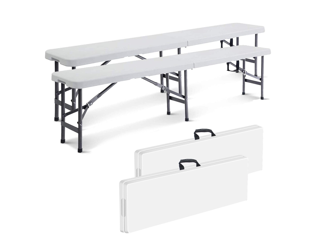 Taburete de plástico resistente Todeco, taburete plegable portátil, 183 x 43 x 30 cm, paquete de 2, se pliega por la mitad, carga máxima 300 kg - blanco