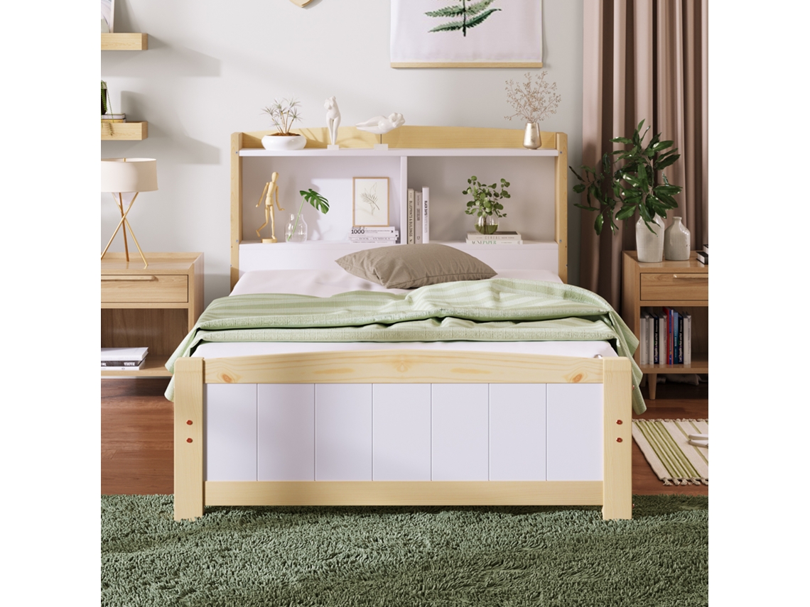 Cama infantil de madera maciza con cabecero y almacenaje, somier de láminas 90x200 cm, color natural y blanco, Mobrio
