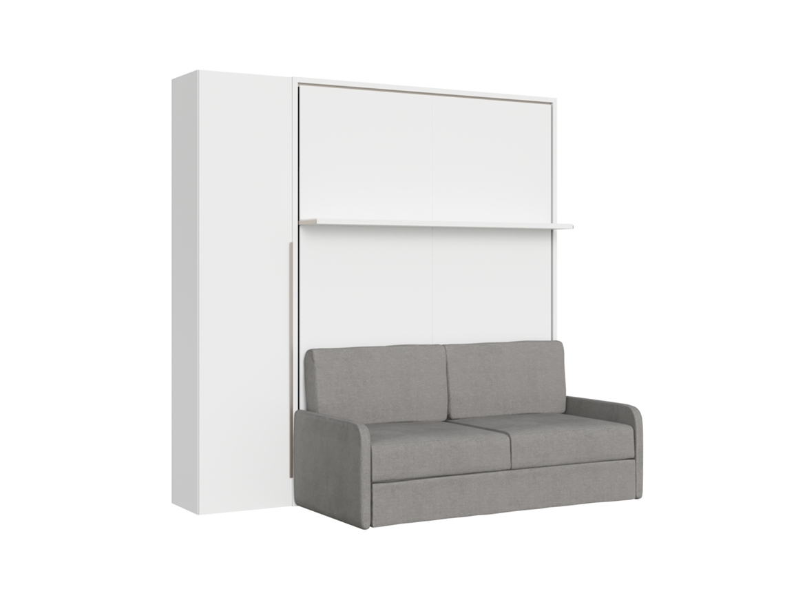 Cama Doble Abatible Vertical Versia Sofà 160 Con Sofá, Estante Y Armario 1 Puerta Izquierda Blanco