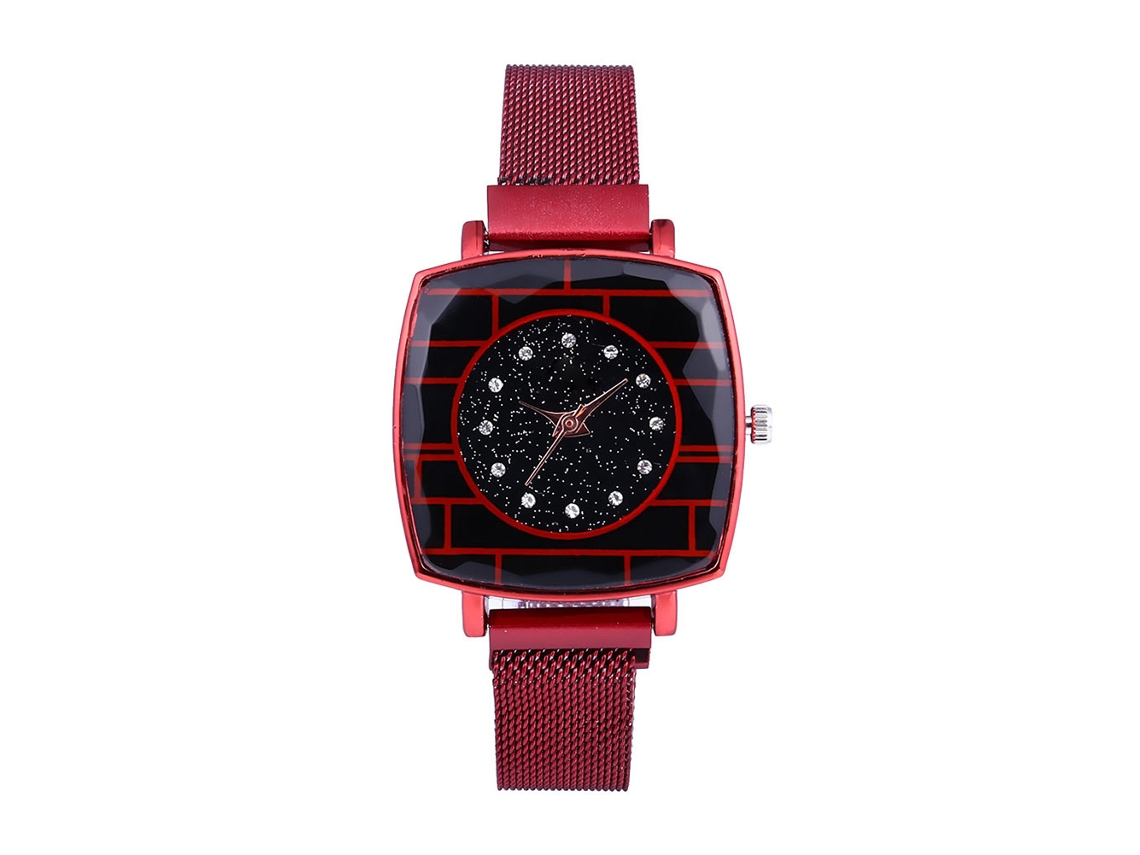 Reloj De Pulsera De Cuarzo Informal Para Mujer Con Correa De Malla Y Esfera Cuadrada Roja.