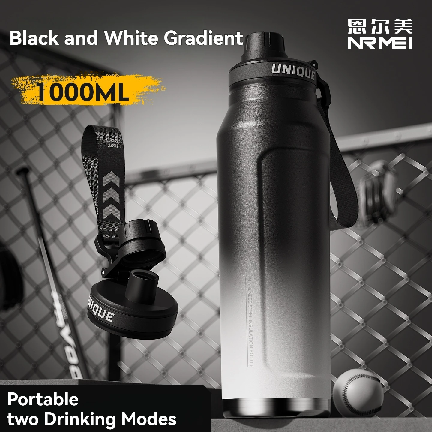 (negro Degradado, 1000 Ml) Termo De Acero Inoxidable, Apto Para Deportes Al Aire Libre, Con Asa Y Aislamiento Al Vacío De Doble Pared.