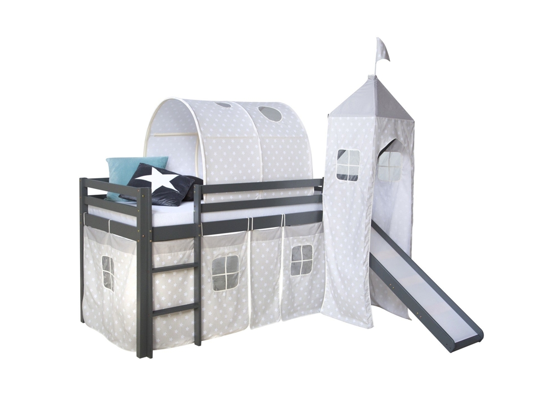 Cama Alta De 90 X 200 Cm Con Escalera Y Tobogán De Madera Gris Con Tejido En Forma De Estrella Túnel Y Torre (lit06176)