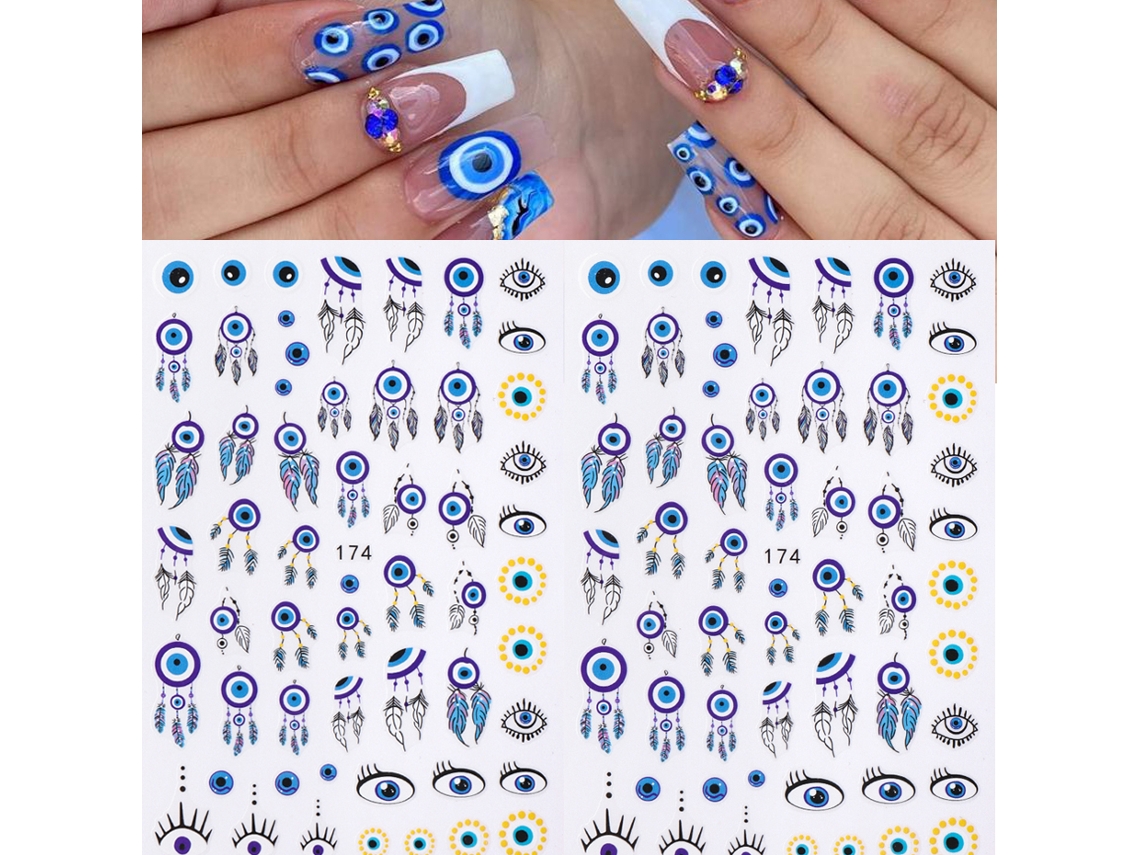 Kit de 2 pegatinas 3D para uñas con diseño de mal de ojo, decoración de uñas para verano.