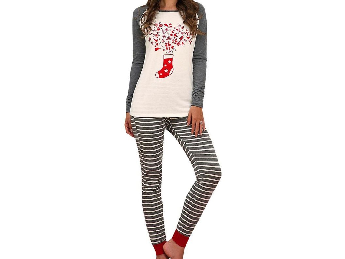 2026-pijamas De Navidad Para Mujer Conjunto De Camiseta Manga Larga Y Pantalones Rayados Ropa Nocturna Navideña