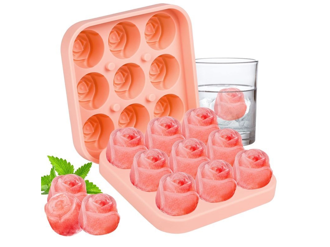 Bandeja de silicona para cubitos de hielo con tapa en forma de rosa, 9 cavidades para bebidas y comida de bebé.