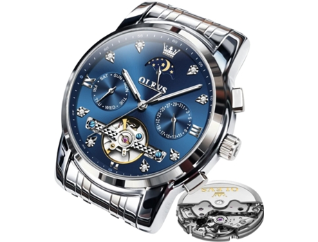 VEANXIN Reloj Tourbillon con Diamantes y Fase Lunar Luminoso Resistente al Agua de Acero Inoxidable Hueco automático para Hombres(plata)
