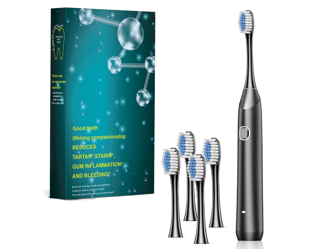 Cepillo de dientes eléctrico sónico para adultos, recargable (negro, con 4 cabezales de repuesto)