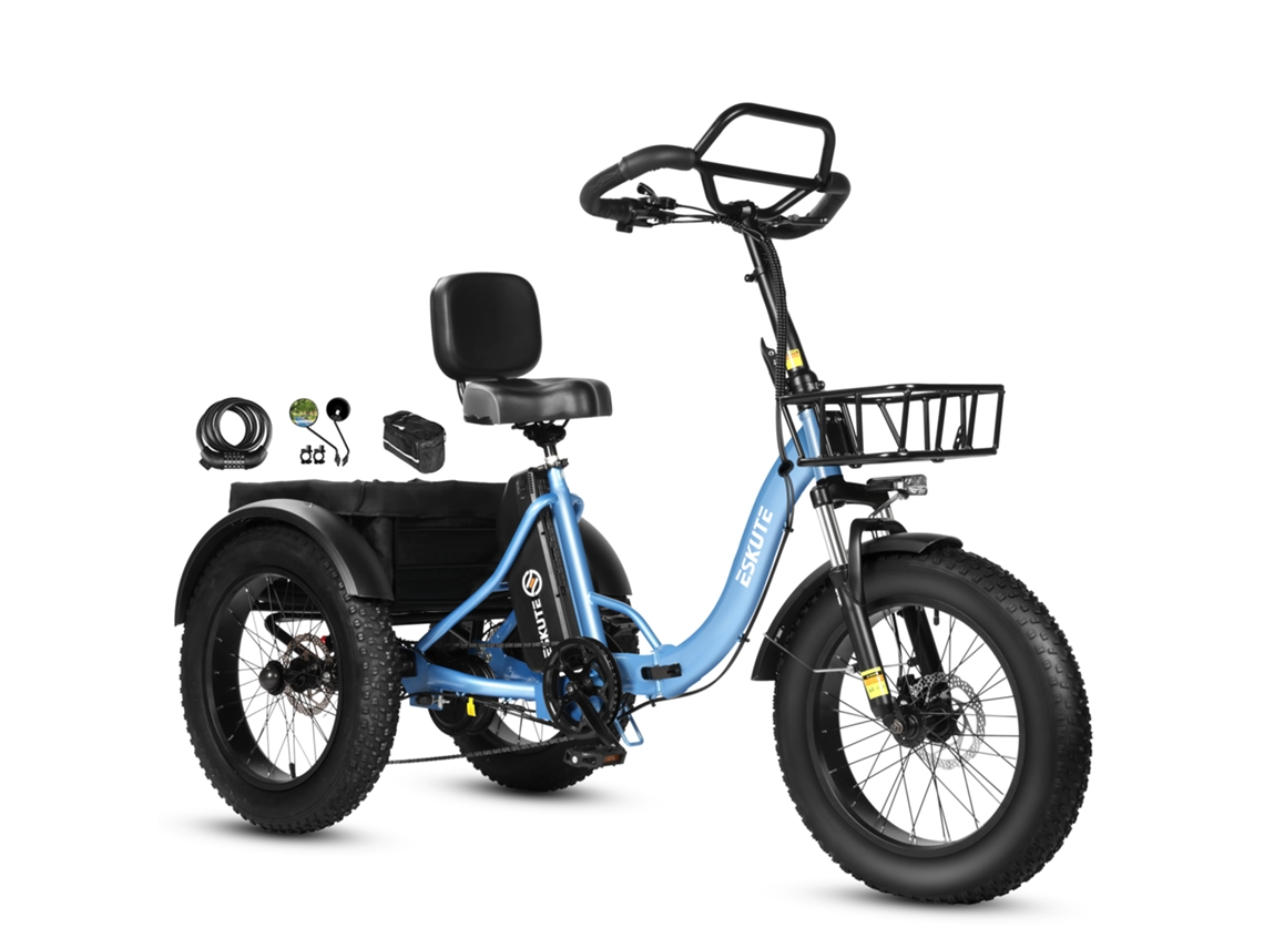 Triciclo Eléctrico De Carga Eskute T302 Pro, Batería De 48 V Y 20,8 Ah, Con Respaldo En El Asiento Trasero Y Cestas Delanteras Y Traseras.