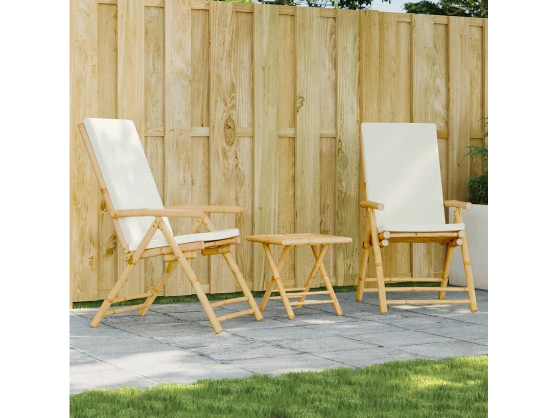 Juego Bistró Plegable Con Cojines 3 Uds | Mueble De Jardín Bambú Blanco Crema