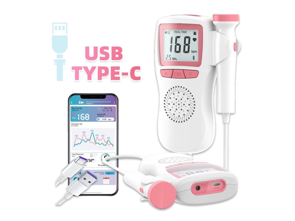 Doppler fetal inteligente recargable Yunzii rosa de 2,5 MHz con Bluetooth y monitor de frecuencia cardíaca