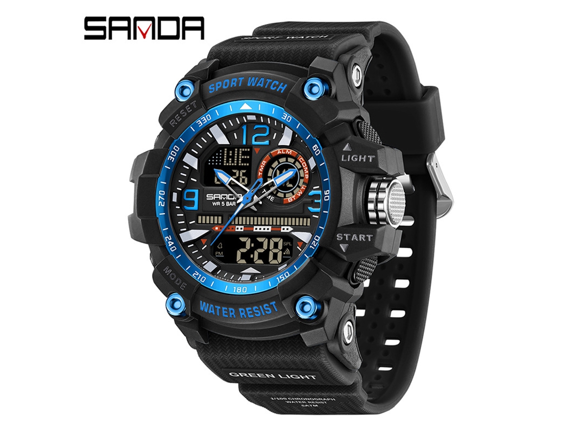 Reloj electrónico multifuncional y moderno con alarma, acabado luminoso, resistente al agua y a los golpes. MDUG (negro y azul)