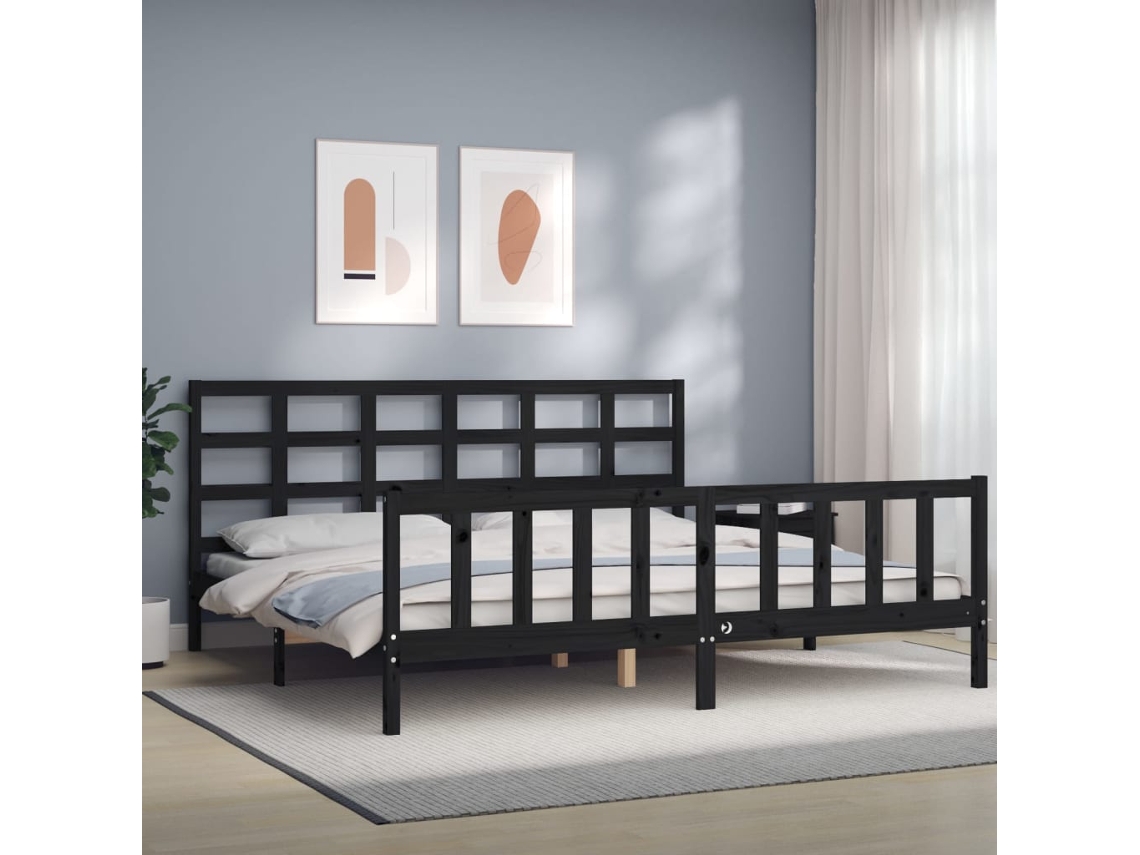 Estructura De Cama Con Cabecero Madera Maciza Negro 200x200 Cm