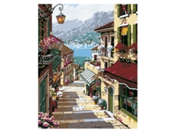 Tela con diseño para pintar por números, 40 x 50 cm. Diseño "Calle junto al mar". Incluye pinzas y las pinturas necesarias.