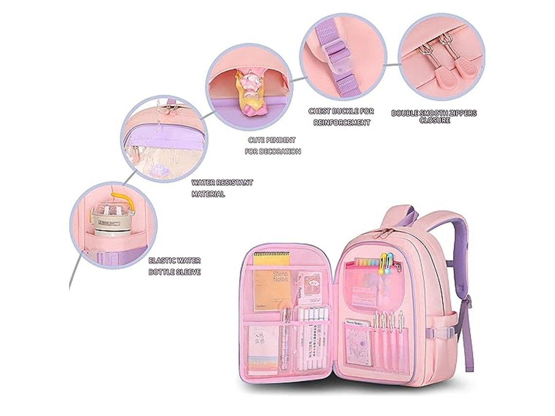 Mochila rosa brillante para niñas, bolso escolar de viaje con