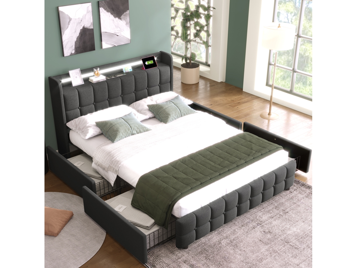 Cama De 160x200 Cm Con Cabecero Con Puerto Usb, Iluminación Led Con Mando A Distancia, 4 Cajones, Somier De Láminas Incluido, Sin Colchón, Color Gris.