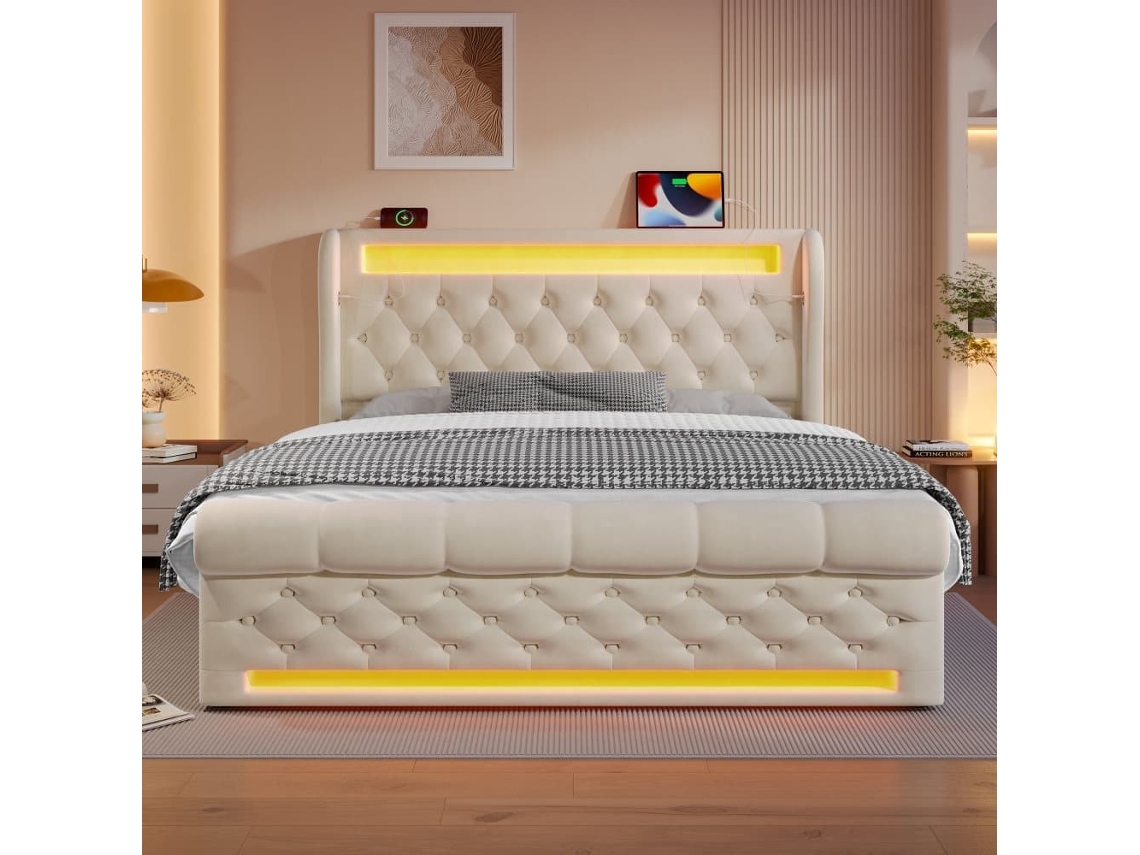 Cama Tapizada 160x200cm - Cama Hidráulica Con Cabecero De Almacenamiento, Puertos Usb Y Tipo-c, Con Luces Led - Beige